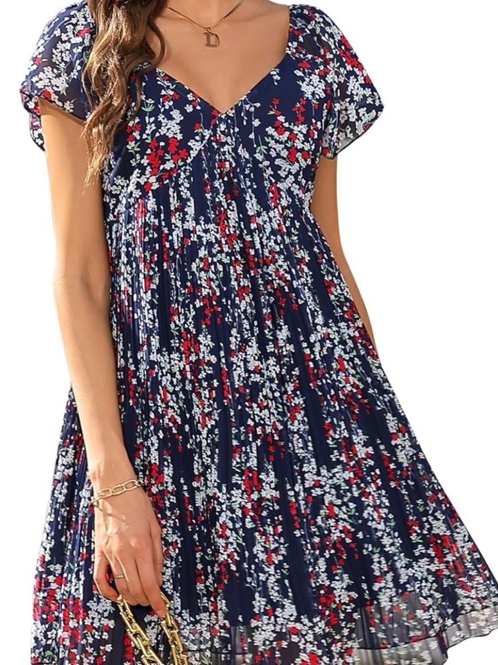Women's Navy Floral V-Neck Pleated Midi Dress NWT